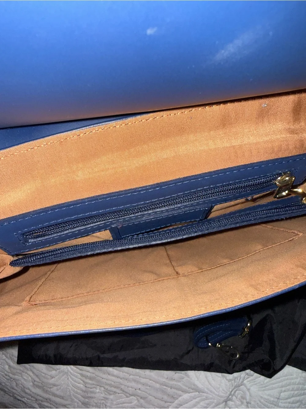 Tano Navy Blue Structured Satchel with Gold Accent